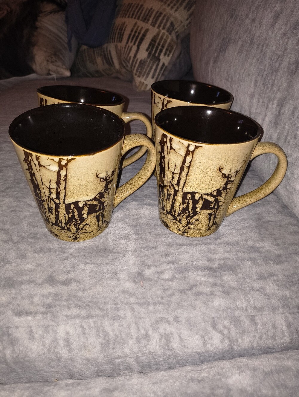Rustic Deer Stoneware Mug - Tan and Dark Brown - Set of 4